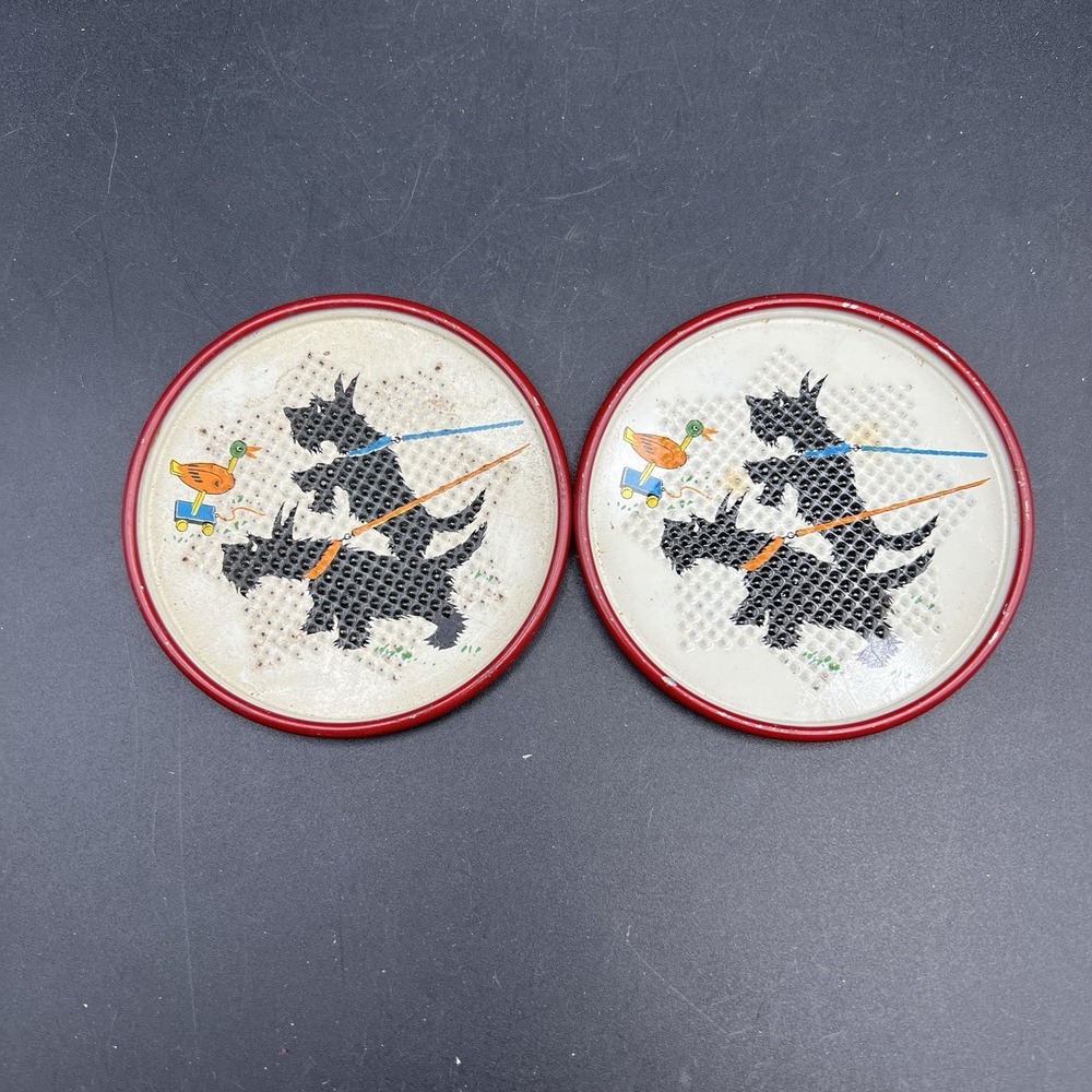 Vtg Scottish Terriers Round Metal Mini Coasters Red Rim - 3" Dia Set Of 2‎